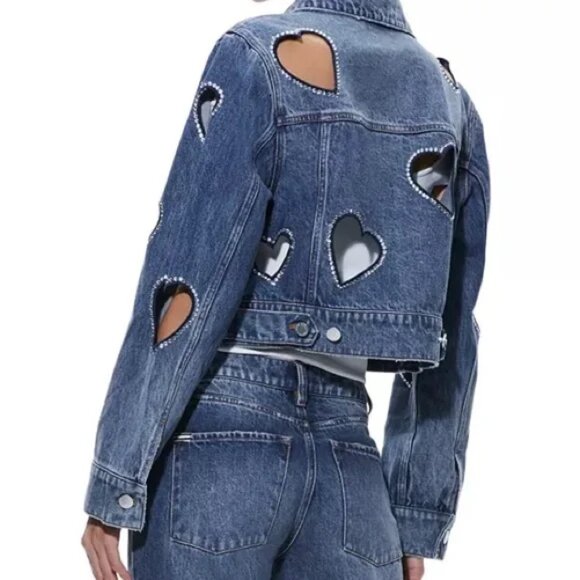 Alice Olivia Jeff Embellished Cropped Denim Jacket - Picture 3 of 6